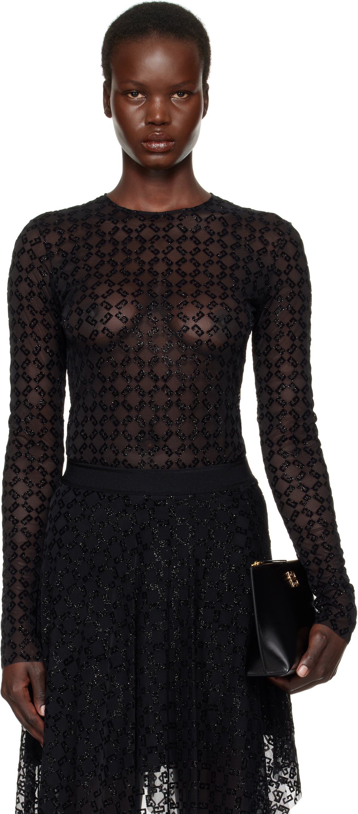 Tシャツ・カットソー GIVENCHY MONOGRAM TULLE BODYSUIT Givenchy Black Shiny Monogram 72 Tulle Bodysuit Givenchy
