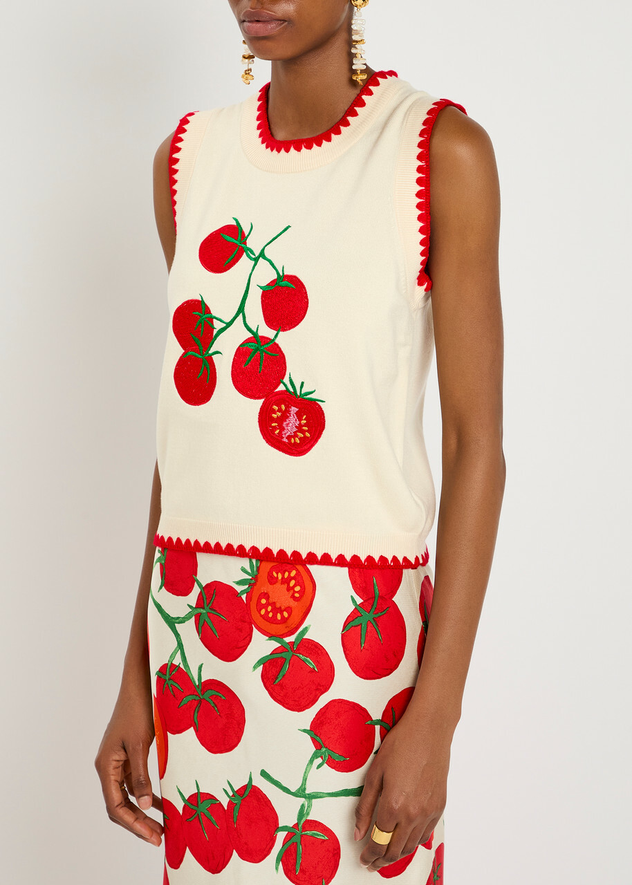 Never Fully Dressed Tomato Embroidered Knit Vest Cream