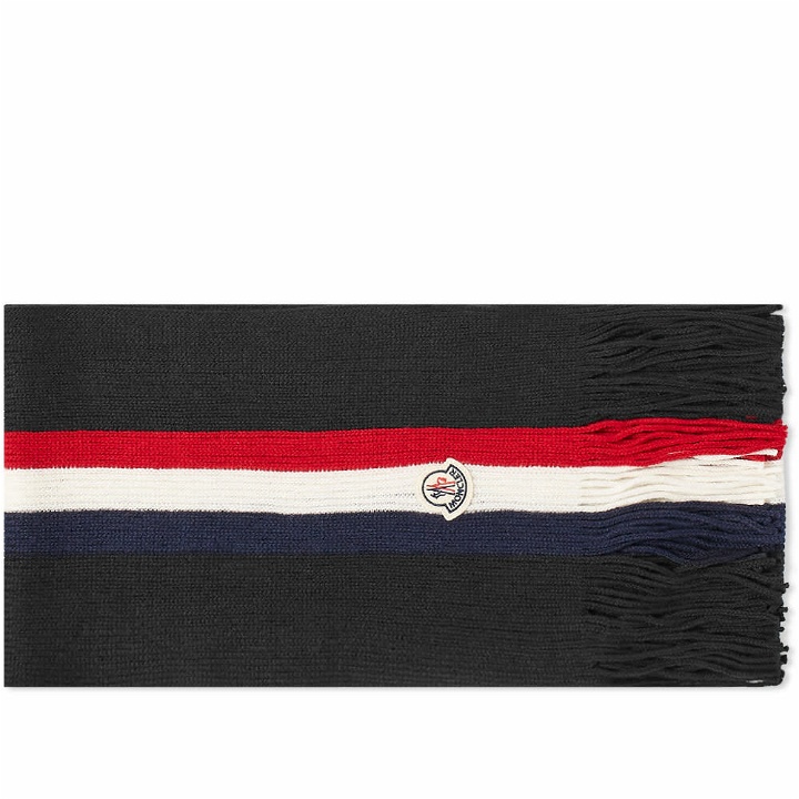 Photo: Moncler Men's Tricolore Striped Logo Scarf in Black