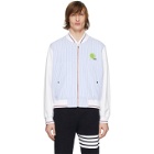 Thom Browne Blue and White Seersucker Ball Patch Bomber Jacket