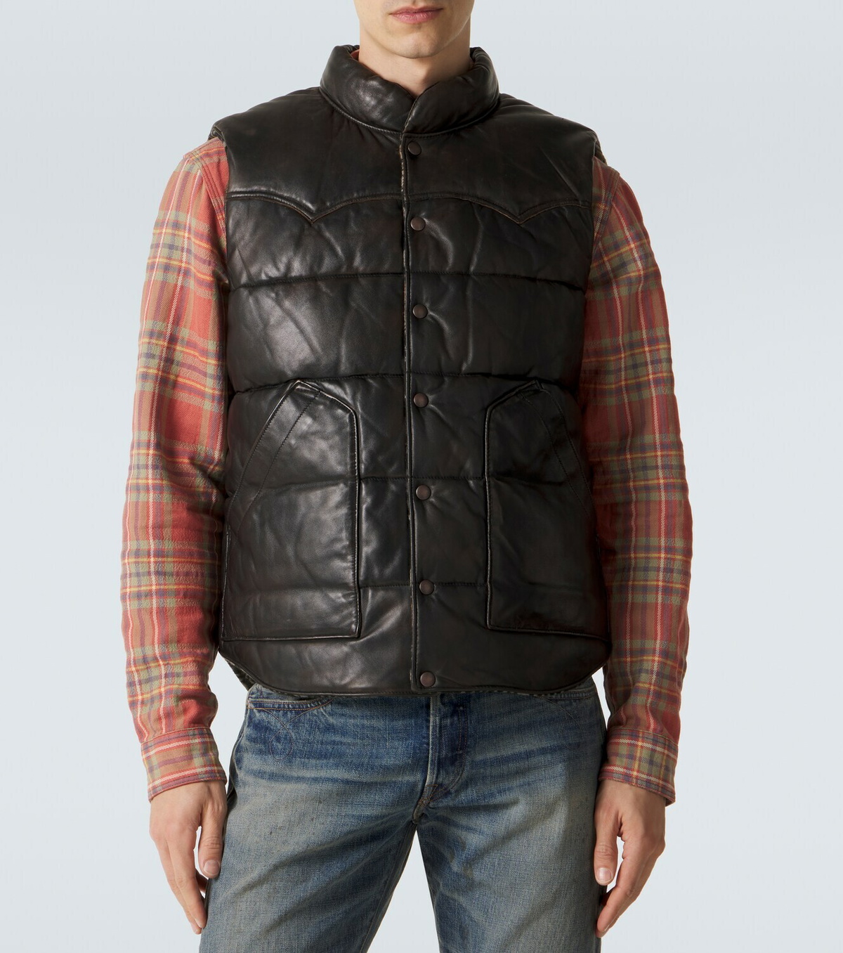 RRL Reversible leather and cotton puffer vest