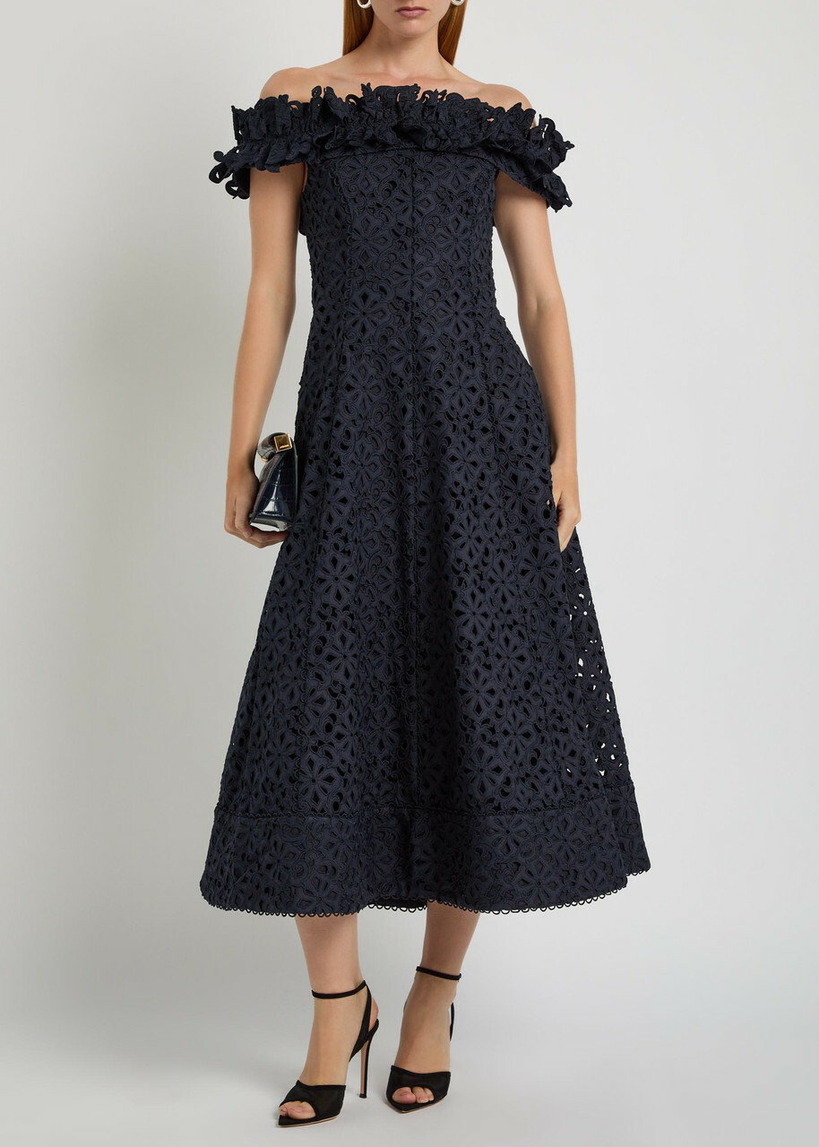 Rebecca Vallance Antalya Embroidered Off-the-shoulder Cotton Midi Dress Navy