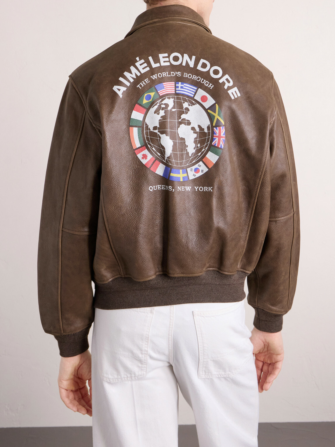Aimé Leon Dore - World's Borough Logo-Print Leather Jacket - Brown