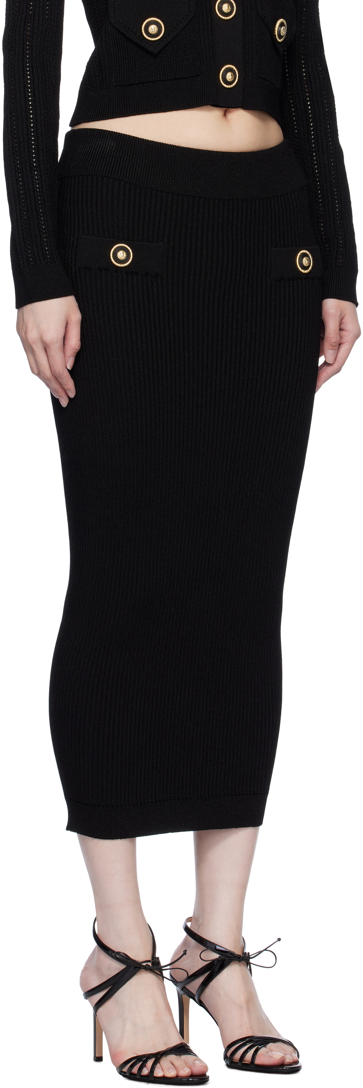 Balmain Black Plain Ribbed Knit Midi Skirt