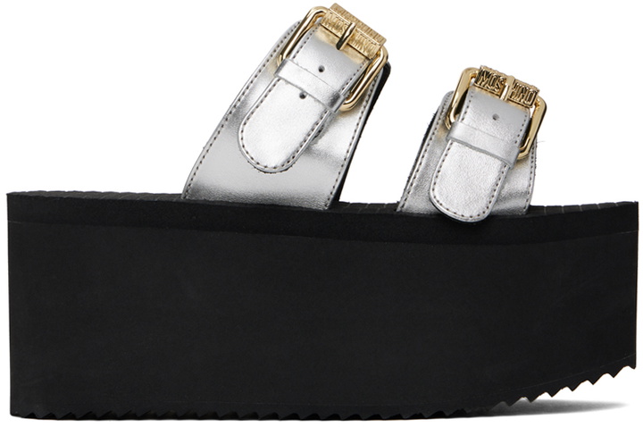 Photo: Moschino Silver Lettering Logo Laminated Wedge Sandals