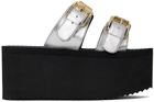 Moschino Silver Lettering Logo Laminated Wedge Sandals