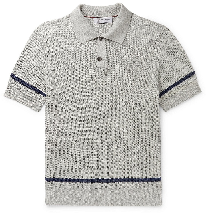 Photo: Brunello Cucinelli - Striped Linen and Cotton-Blend Polo Shirt - Gray