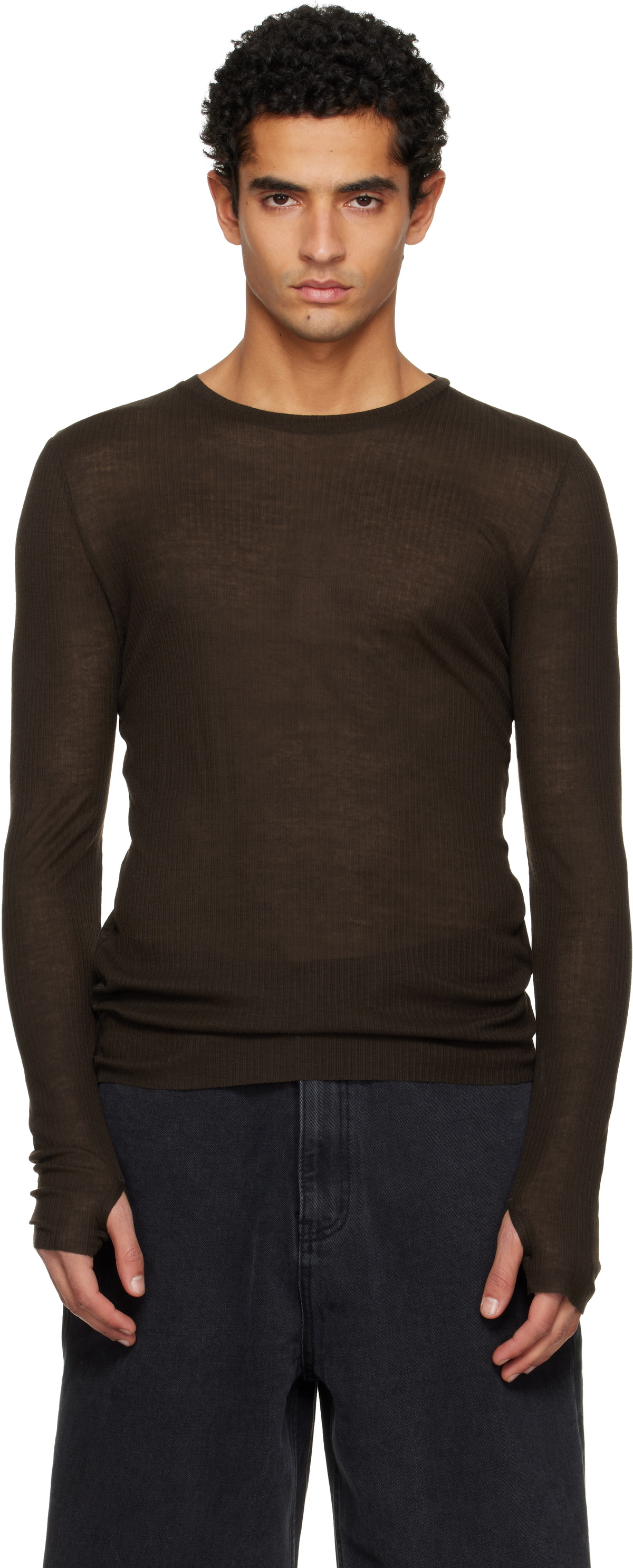 TONYWACK Brown Sheer Wool Ribbed Knit T-shirt