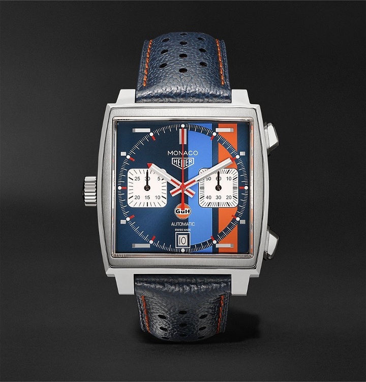 Photo: TAG Heuer - Monaco Gulf Edition Automatic 39mm Steel and Leather Watch - Blue