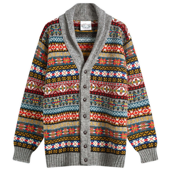 Photo: Jamieson's of Shetland Men's Fair Isle Shawl Collar Cardigan in Steel Grey