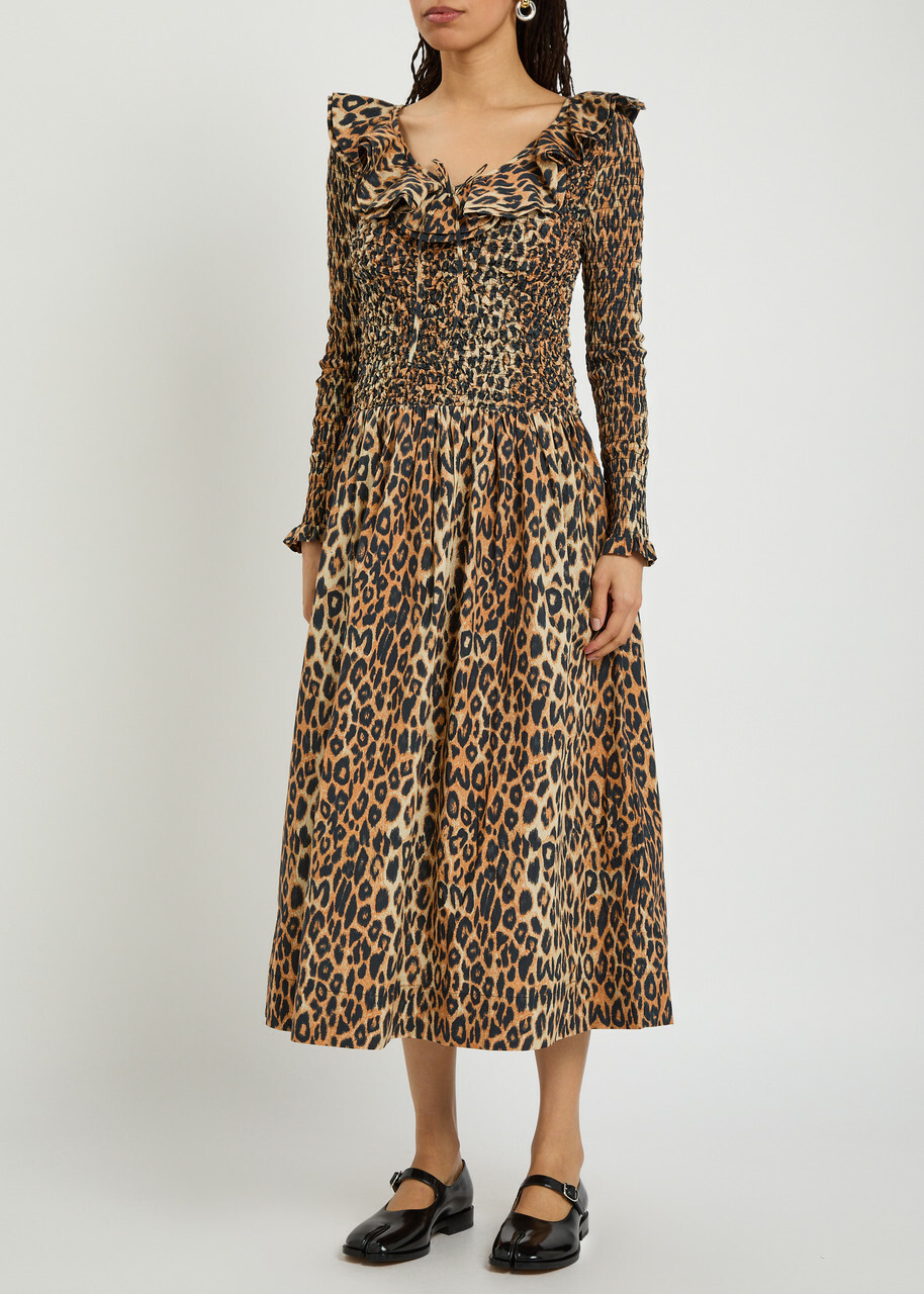 Damson Madder Harper Leopard Shirred Cotton-poplin Midi Dress