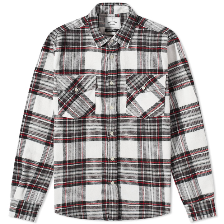 Photo: Portuguese Flannel Men's Frosk Check 2 Pocket Overshirt in White/Black/Red