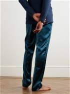 TOM FORD - Velvet-Trimmed Stretch-Silk Satin Pyjama Trousers - Blue