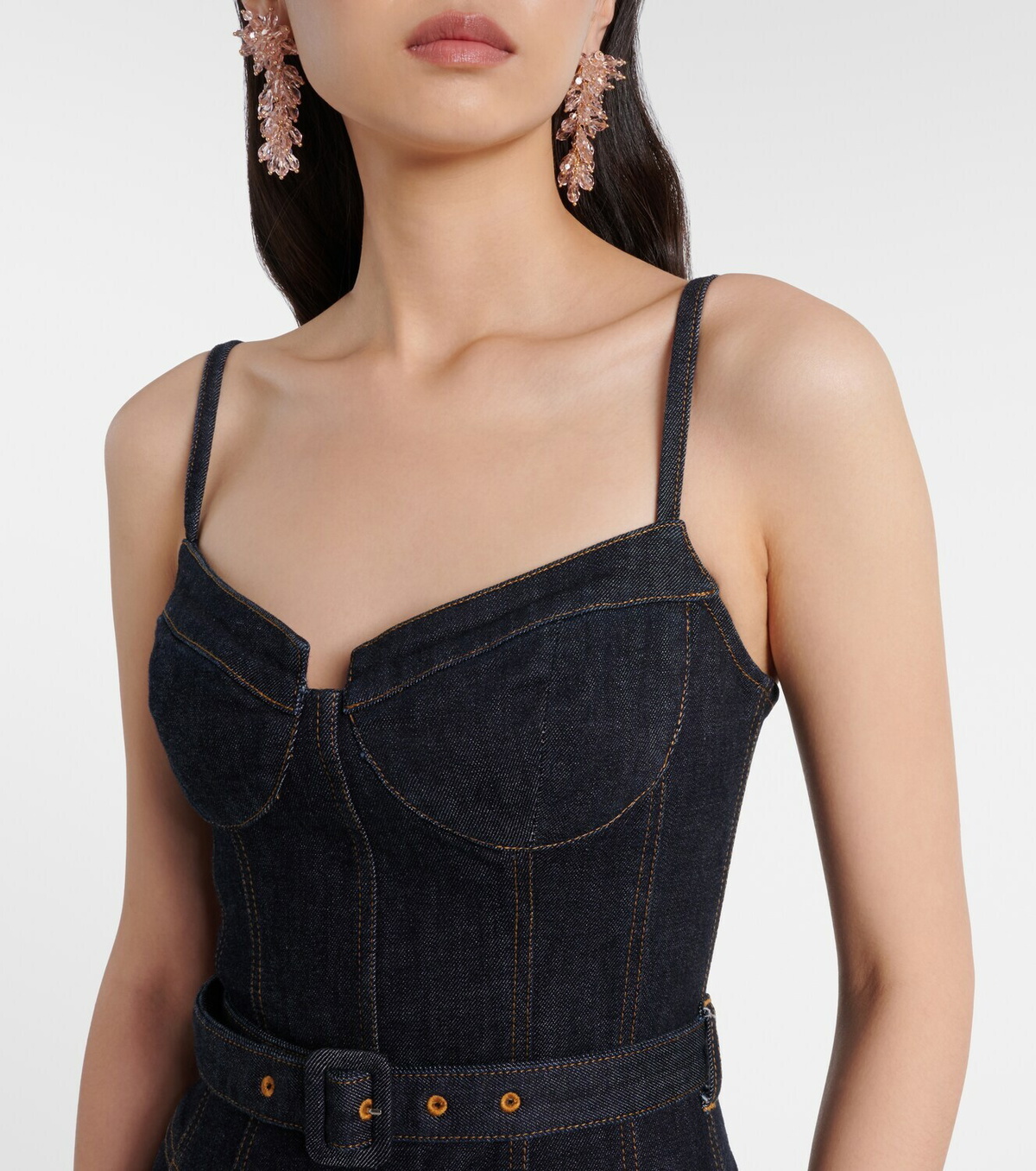 Self-Portrait Belted denim bustier dress