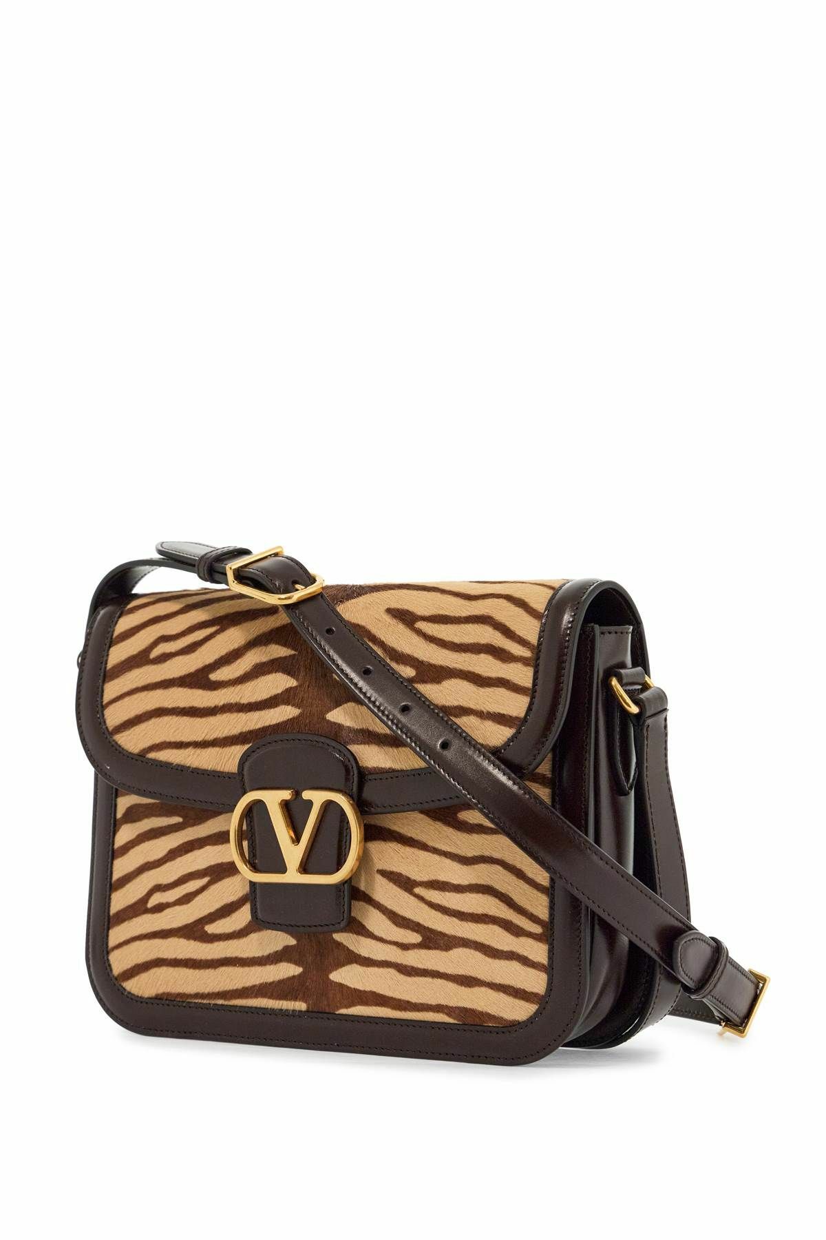 VALENTINO GARAVANI beige and dark brown striped leather shoulder bag Beige