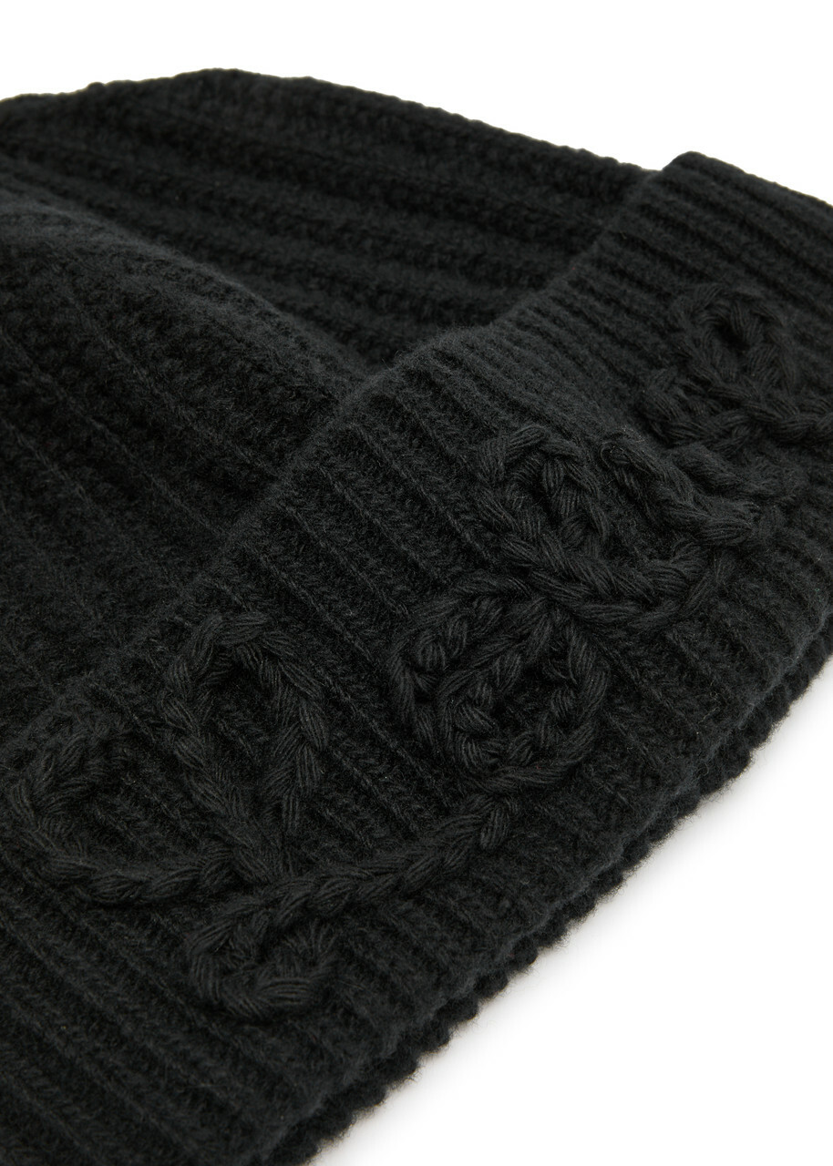 Loewe Logo-appliqué Ribbed Wool Beanie - Black - One Size