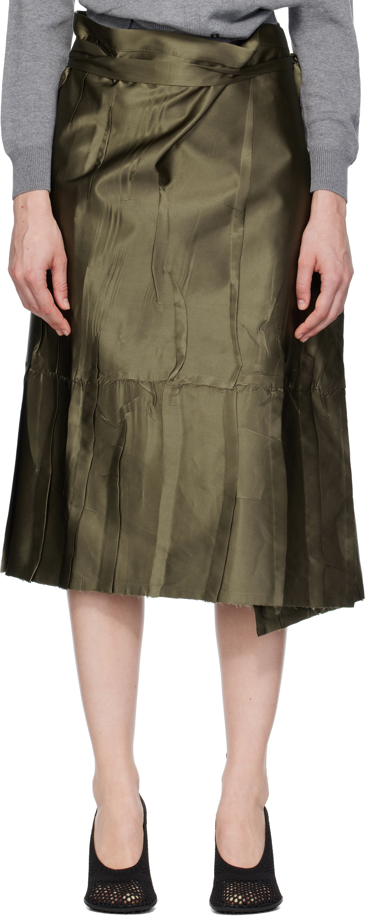 MARIE ADAM-LEENAERDT Khaki Apron Flat Midi Skirt