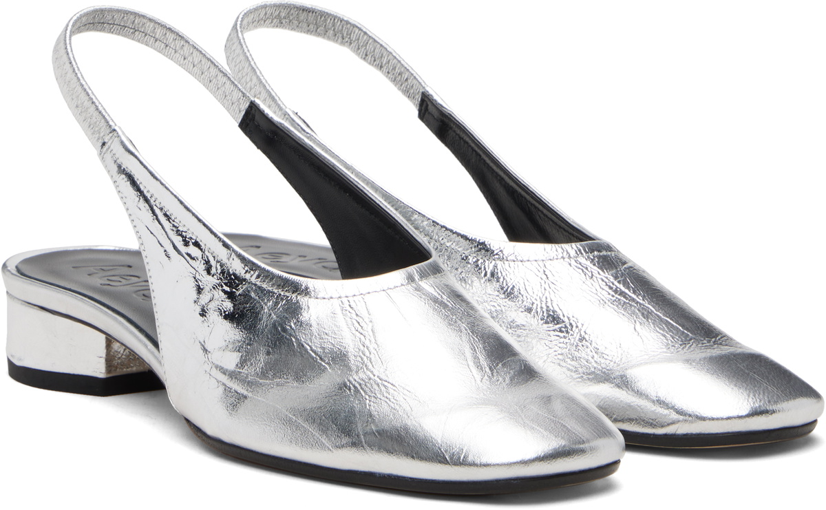 Aeyde Silver Dua Laminated Leather Slingback Heels