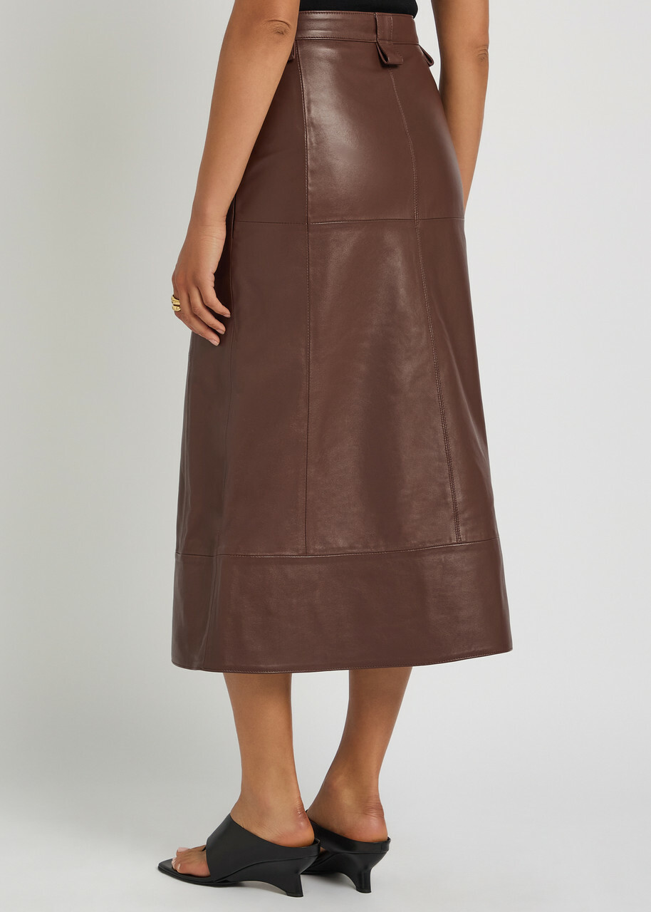 Skiim Farrah Leather Midi Skirt Dark Brown