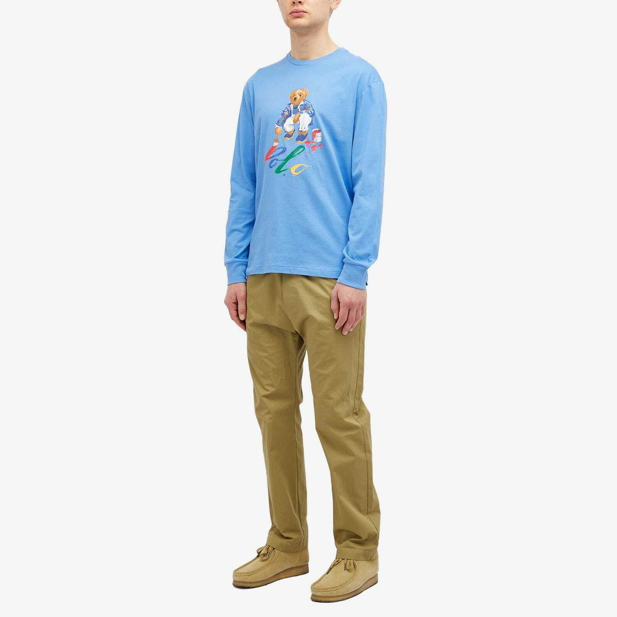Polo Ralph Lauren Men's Long Sleeve Painting Bear T-Shirt in Summer Blue