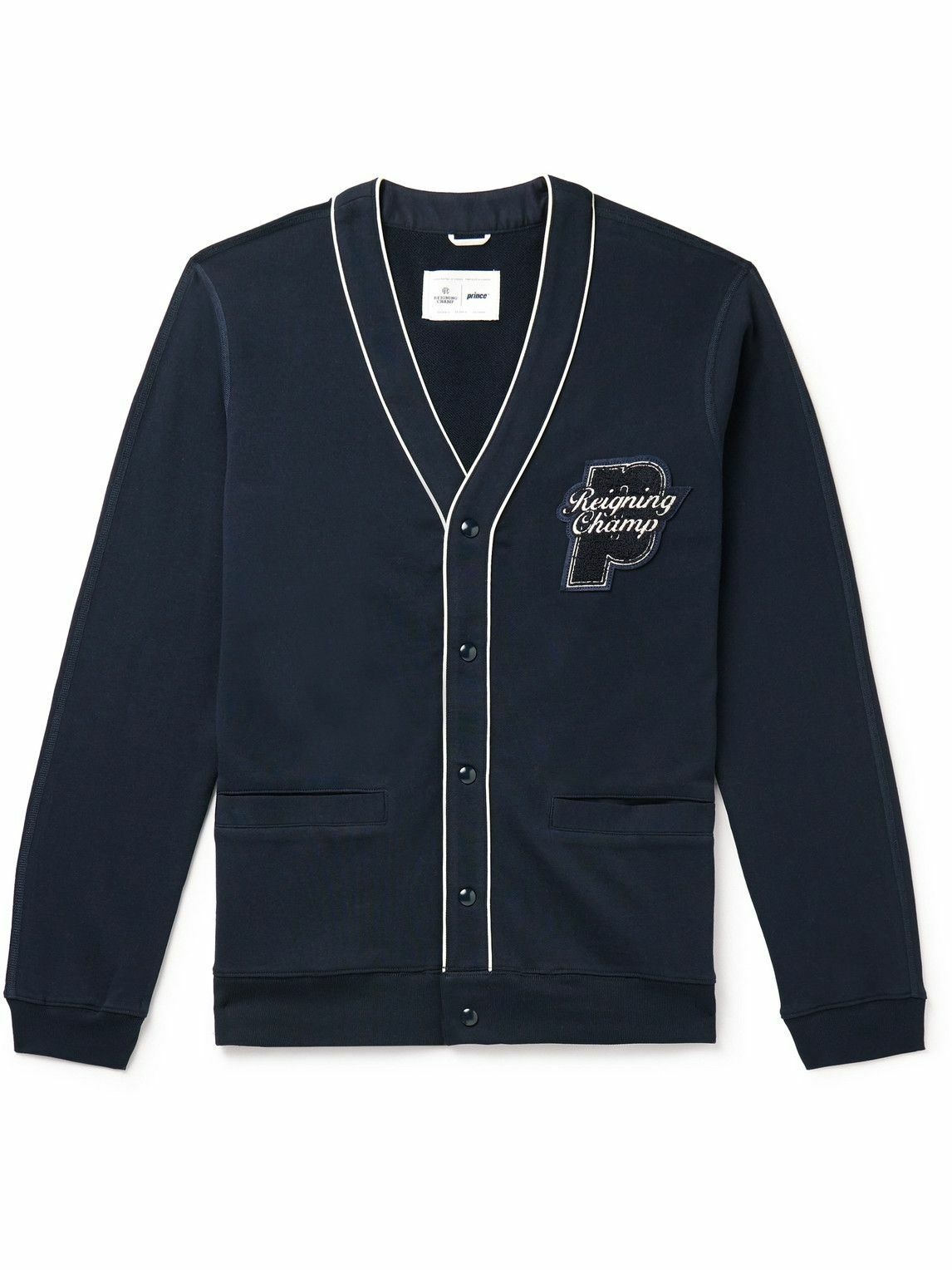 Photo: Reigning Champ - Prince Slim-Fit Logo-Appliquéd Piped Cotton-Jersey Cardigan - Blue