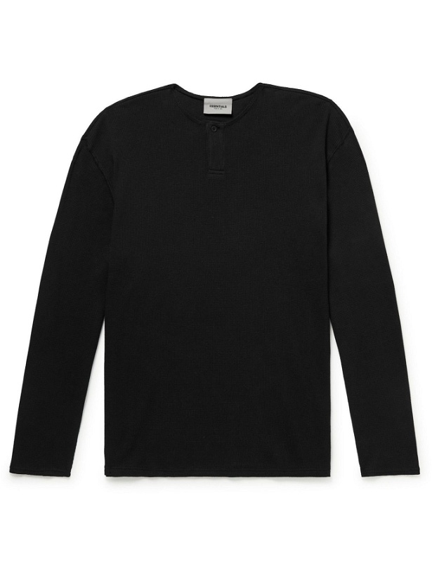 Photo: Fear of God Essentials - Logo-Appliquéd Waffle-Knit Cotton-Jersey Henley T-Shirt - Black
