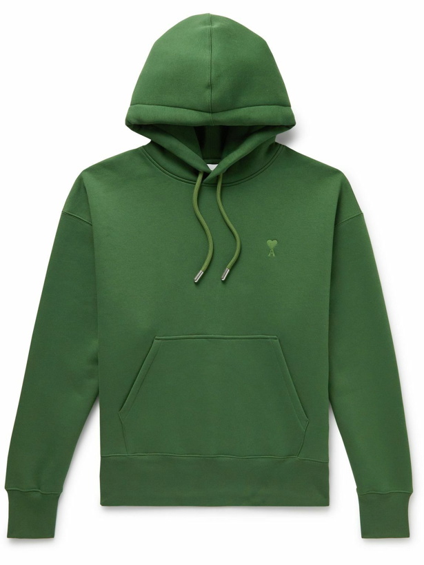 Photo: AMI PARIS - Logo-Embroidered Cotton-Blend Jersey Hoodie - Green