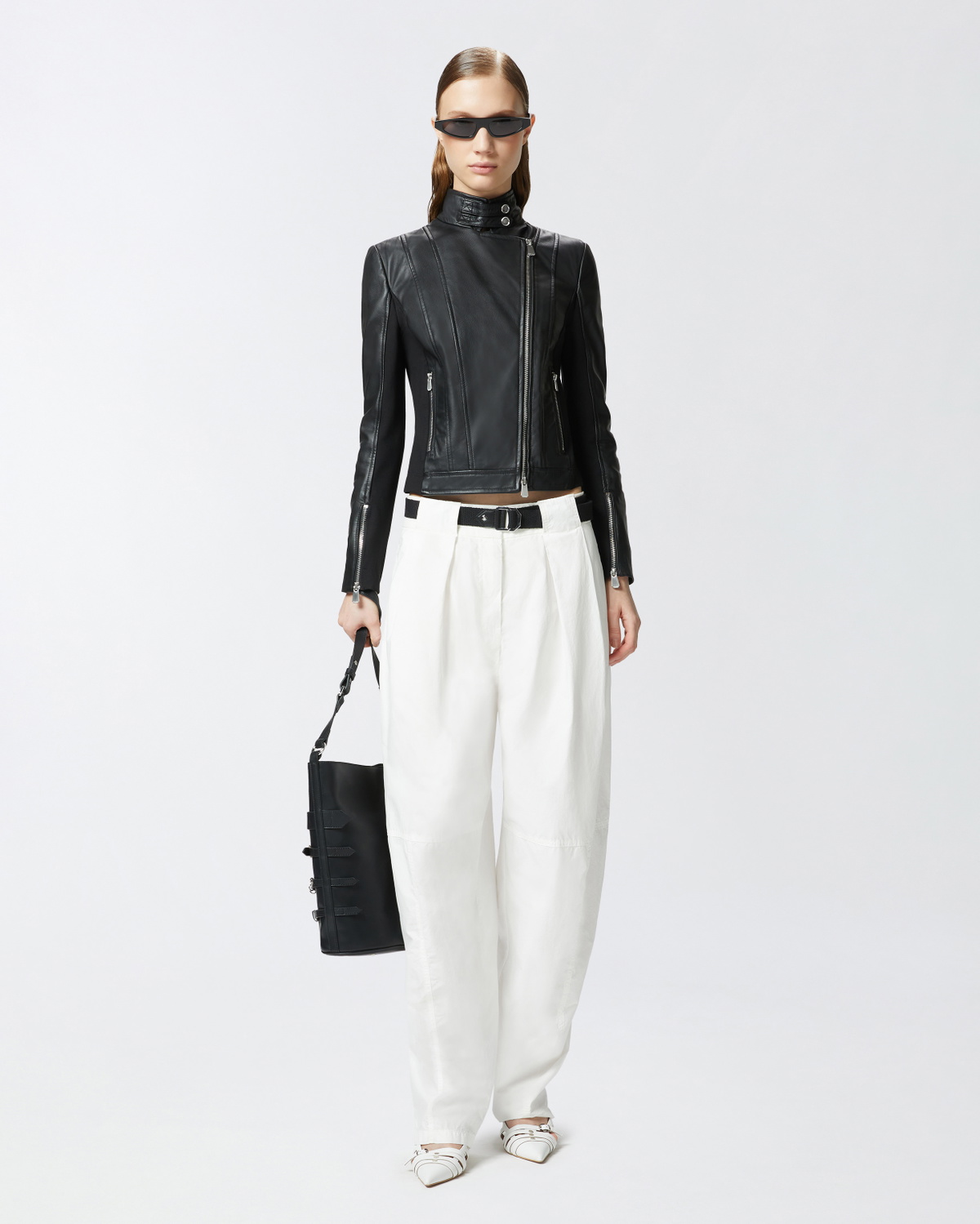 Pinko Leather Biker Jacket With Fabric Back Limo Black
