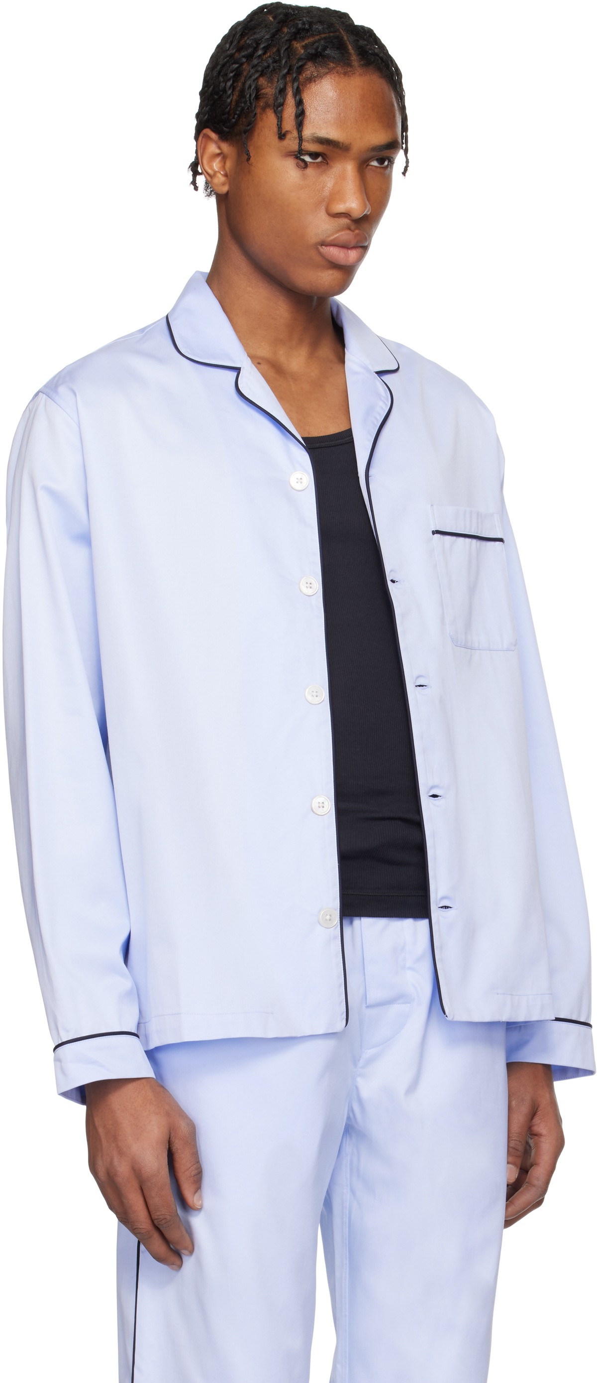 Tekla Blue Sateen Long-Sleeved Pyjama Shirt
