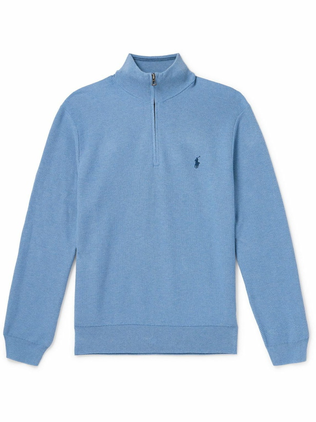 Photo: Polo Ralph Lauren - Logo-Embroidered Honeycomb-Knit Cotton Half-Zip Sweater - Blue