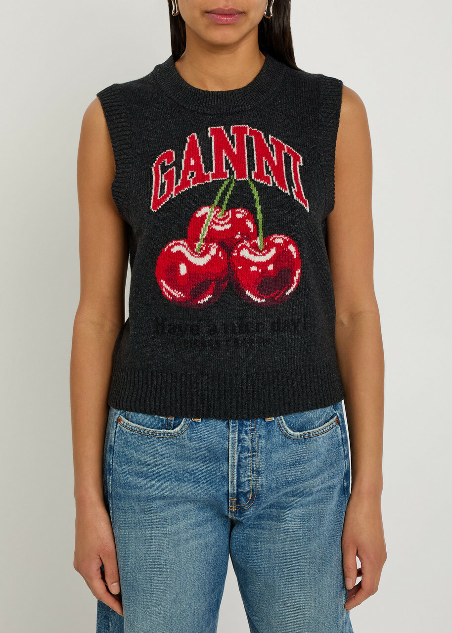 Ganni Logo-intarsia Wool-blend Vest Black