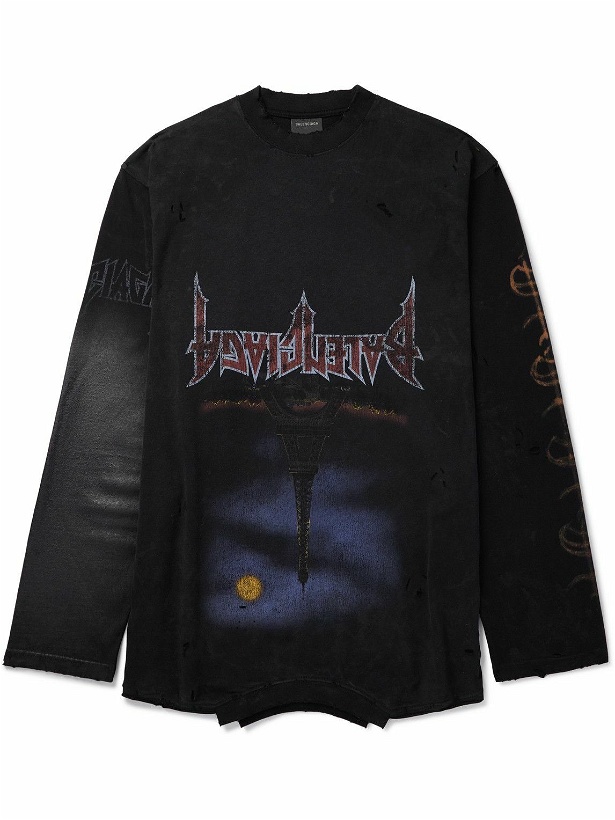 Photo: Balenciaga - Oversized Distressed Logo-Print Stretch-Cotton Jersey T-Shirt - Black