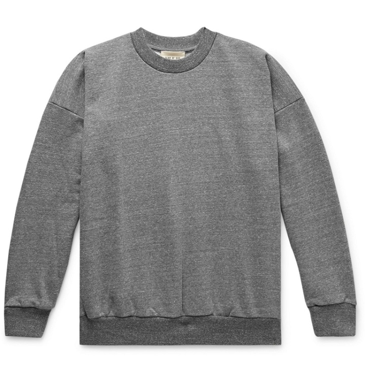 Photo: Fear of God - Oversized Logo-Print Mélange Loopback Cotton-Blend Jersey Sweatshirt - Gray