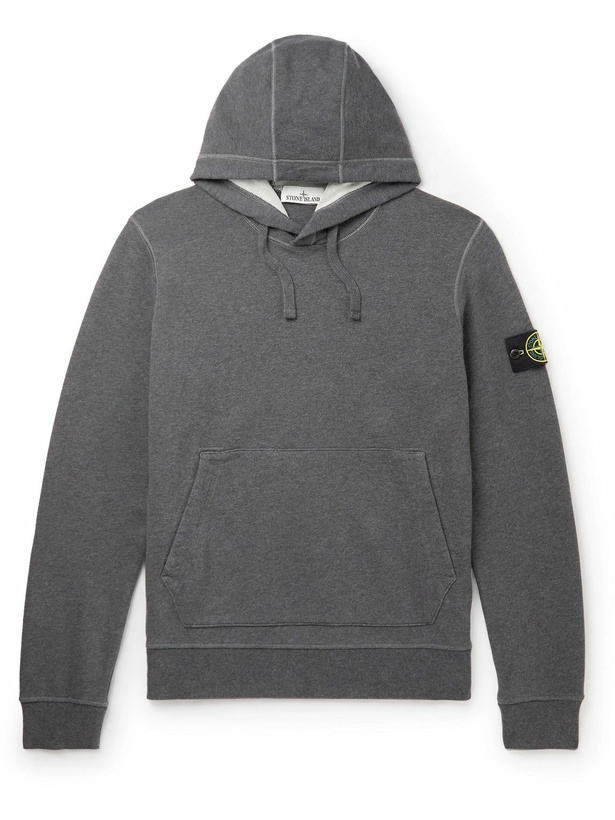 Photo: Stone Island - Garment-Dyed Logo-Appliquéd Cotton-Jersey Hoodie - Gray