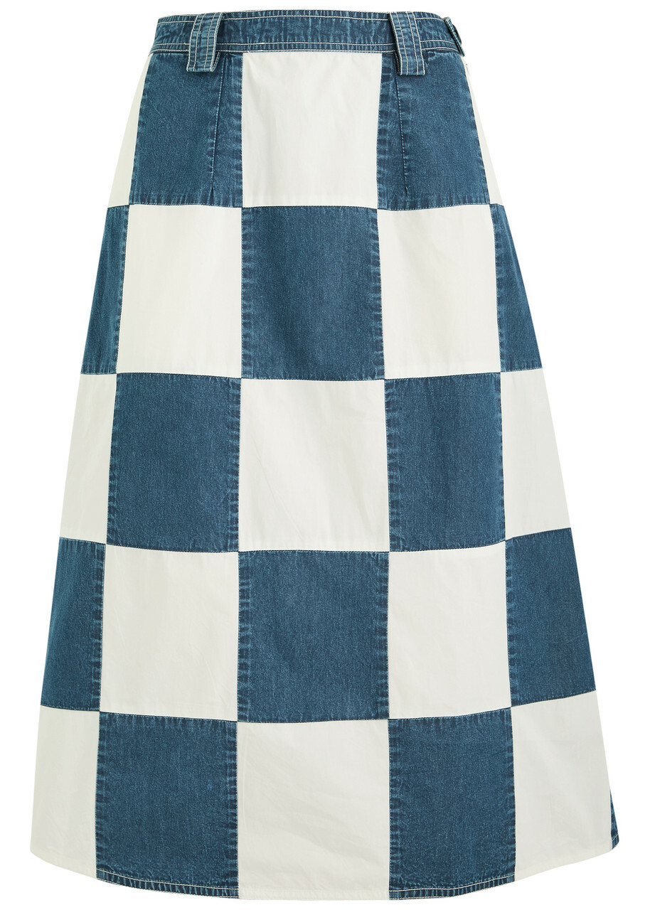 Lovebirds Darcey Checked Cotton and Denim Midi Skirt Blue And White