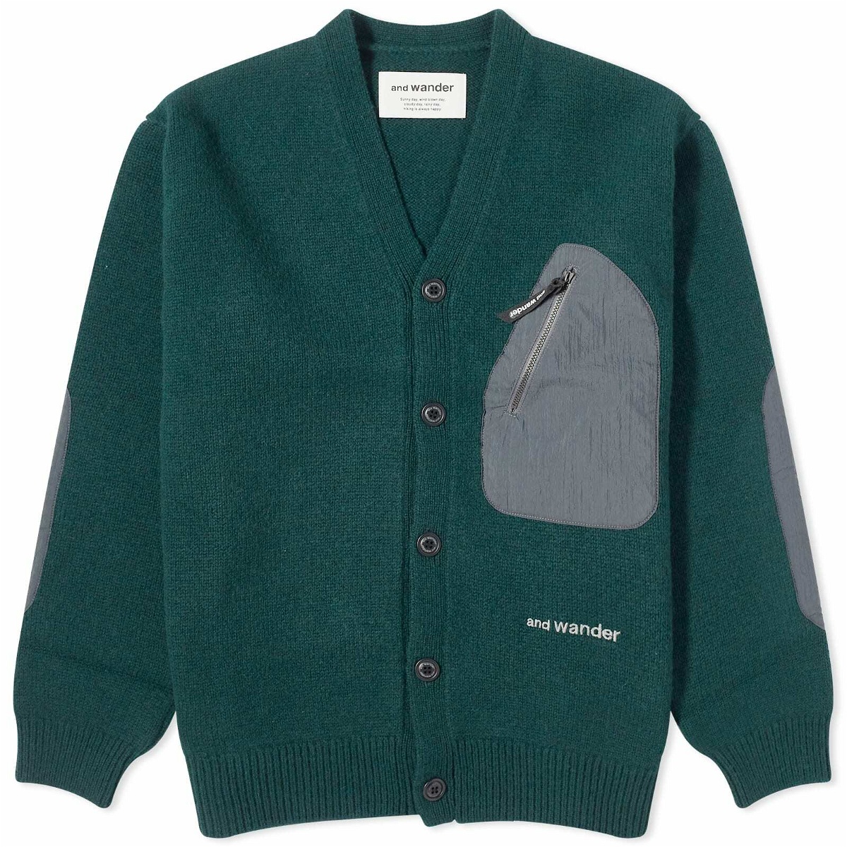 And Wander Men's Shetland Wool Knit Cardigan in Green and Wander