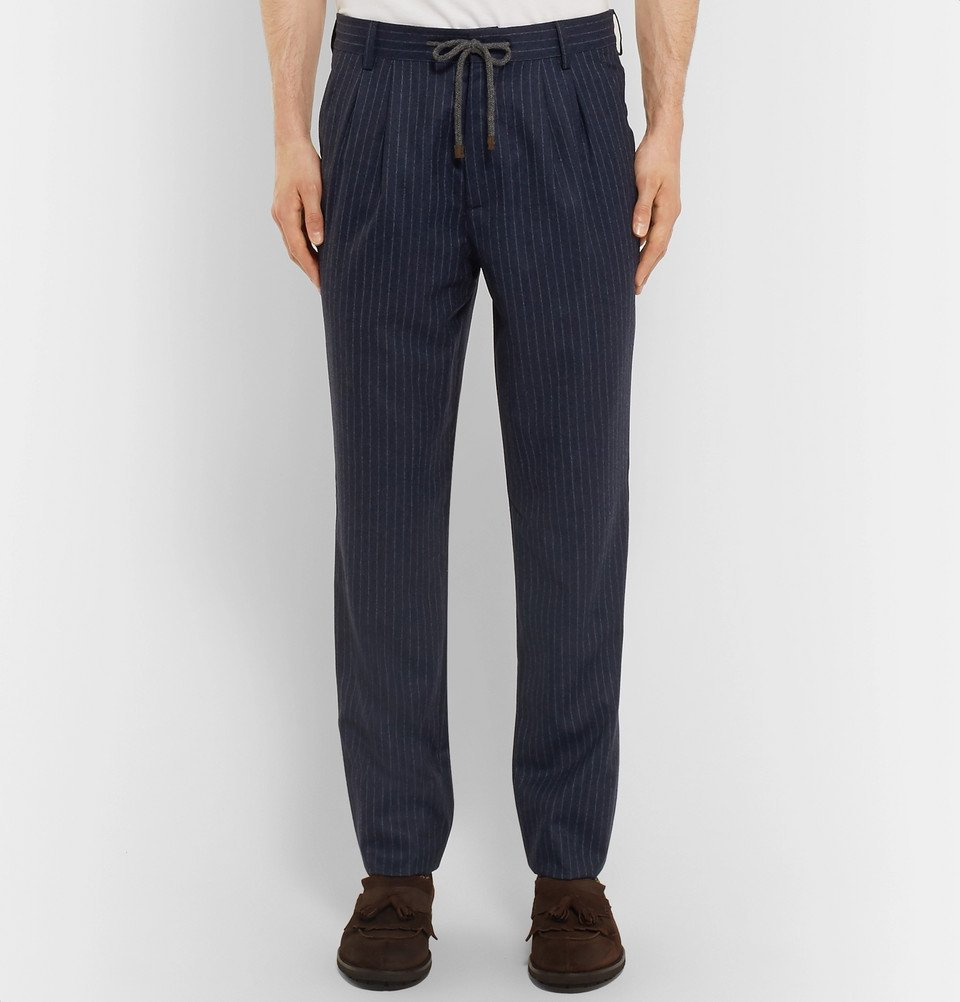 Brunello Cucinelli Pleated Chalk Stripe Drawstring Virgin Wool Pants