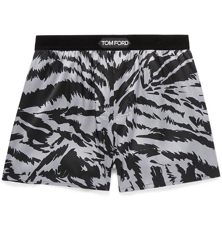 Photo: TOM FORD - Velvet-Trimmed Zebra-Print Stretch-Silk Satin Boxer Shorts - Multi