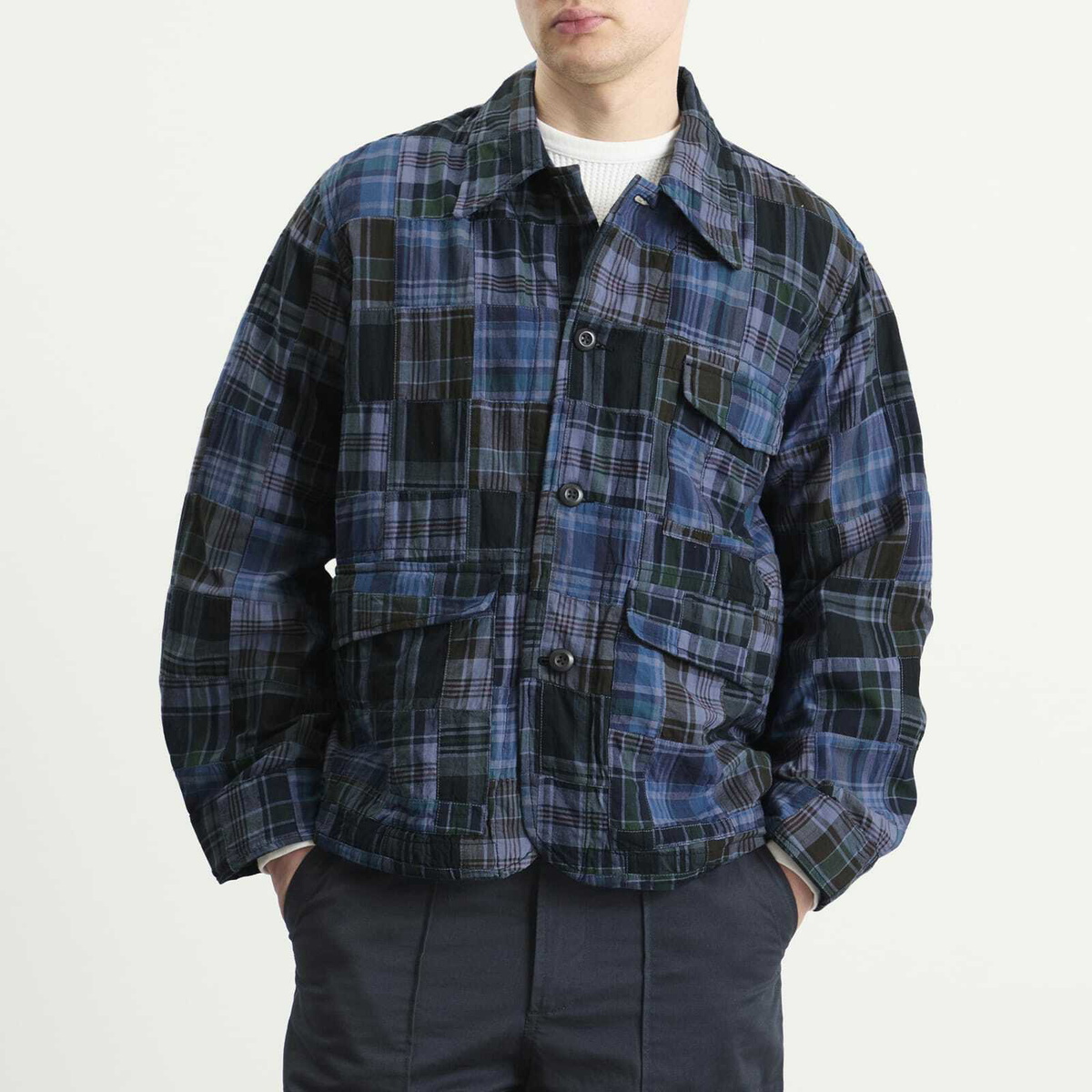 Universal Works Men's Madras Patchwork Duty Jacket in Navy