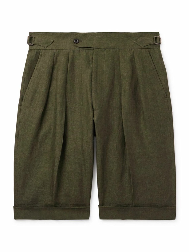 Photo: Richard James - Hepworth 2 Straight-Leg Pleated Linen Shorts - Green