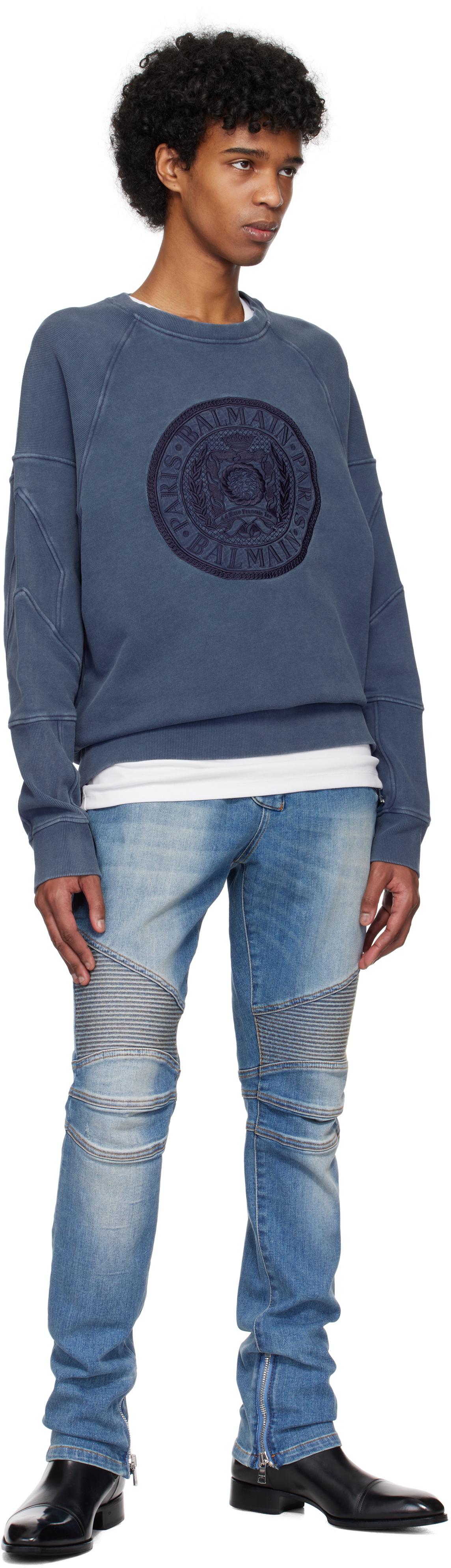 Balmain Navy Ribbed Coin Embroidery Sweatshirt