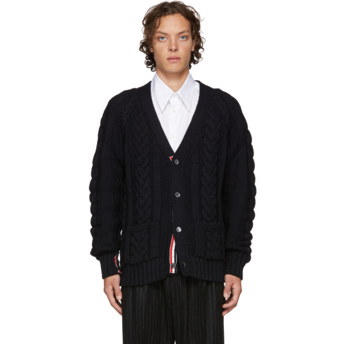 Photo: Thom Browne SSENSE Exclusive Navy Stripe Aran Cable Raglan Sleeve V-Neck Cardigan