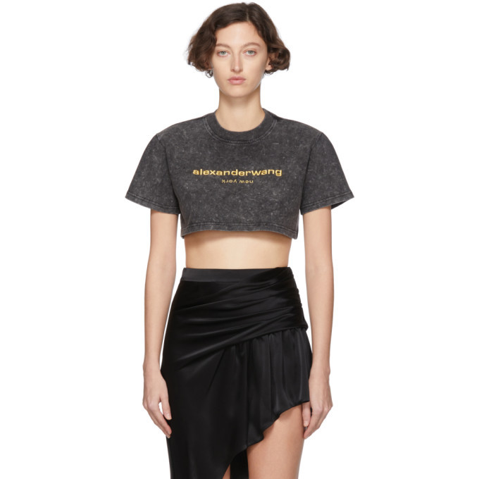 Alexander Wang Crop Tee In Acid Wash Jersey in Black