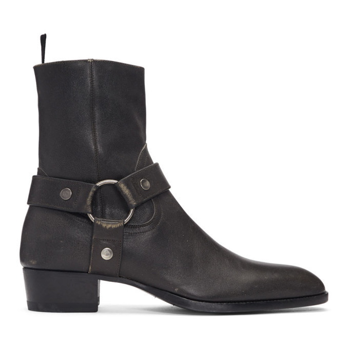 Photo: Saint Laurent Grey Stone-Washed Wyatt Harness Boots