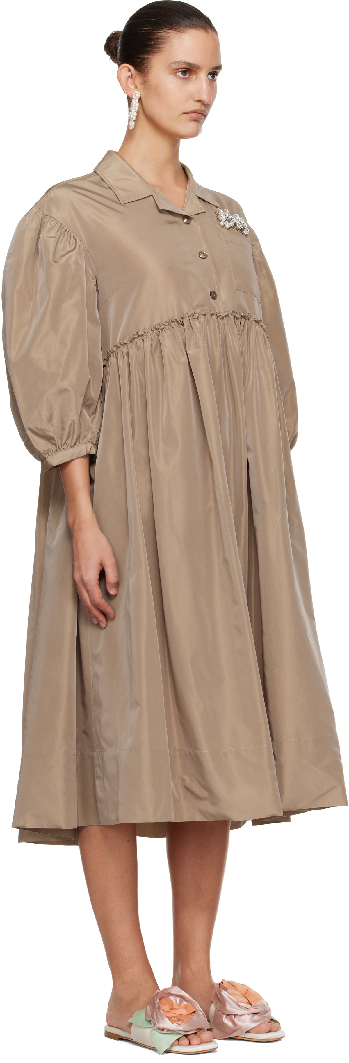 Simone Rocha Tan Embellished Signature Smock Shirt Midi Dress