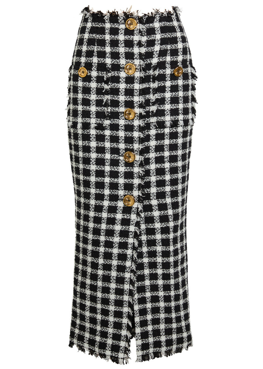Balmain Checked Tweed Midi Skirt Black And White