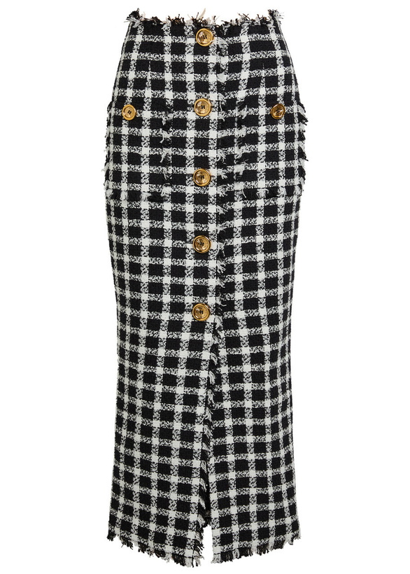 Photo: Balmain Checked Tweed Midi Skirt Black And White