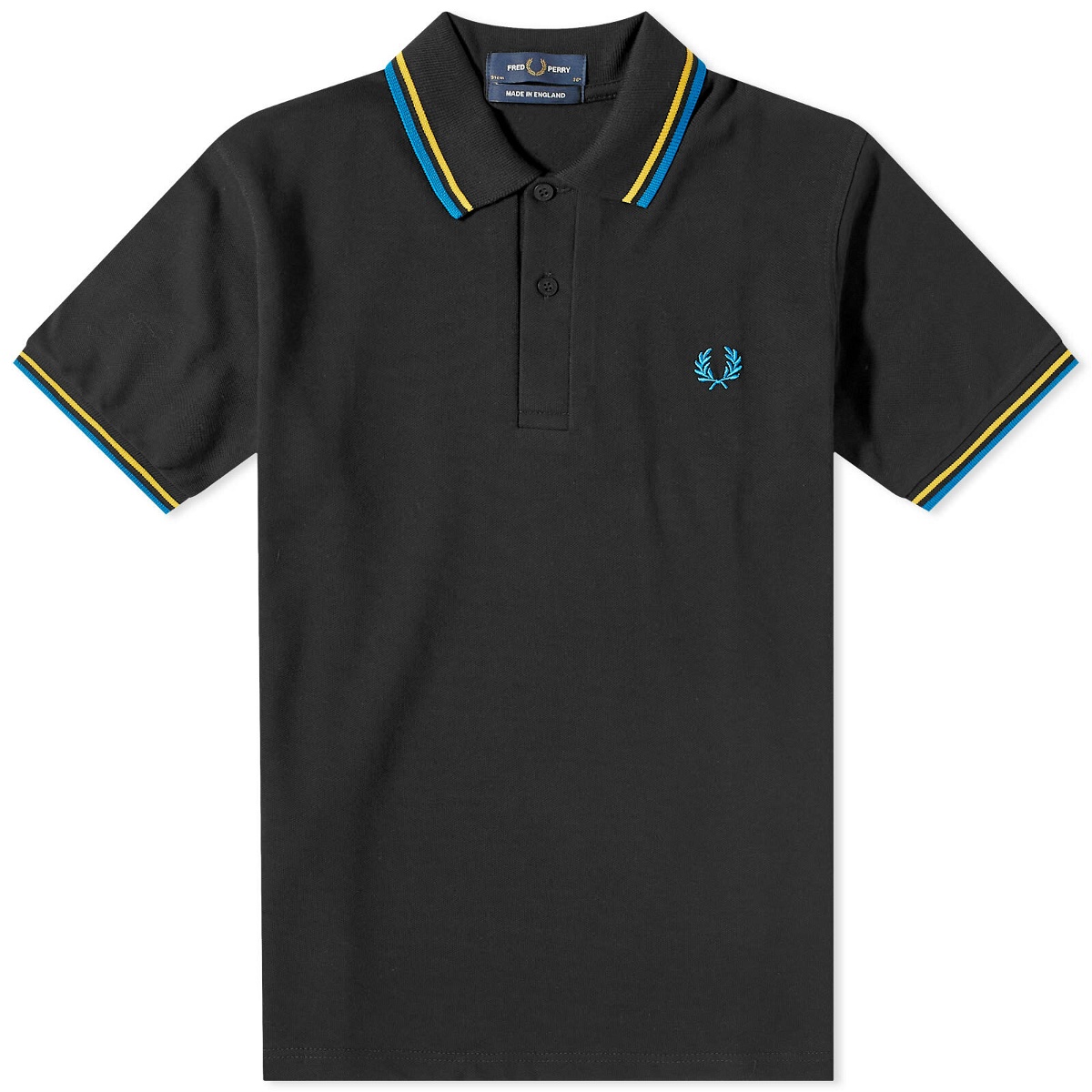 Photo: Fred Perry Authentic Men's Twin Tipped Polo Shirt - Made in England in Black/Royal Blue/Stockholm Yellow