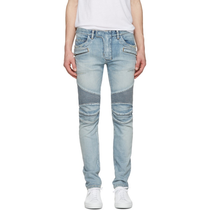 Photo: Balmain Blue Distressed Biker Rib Jeans