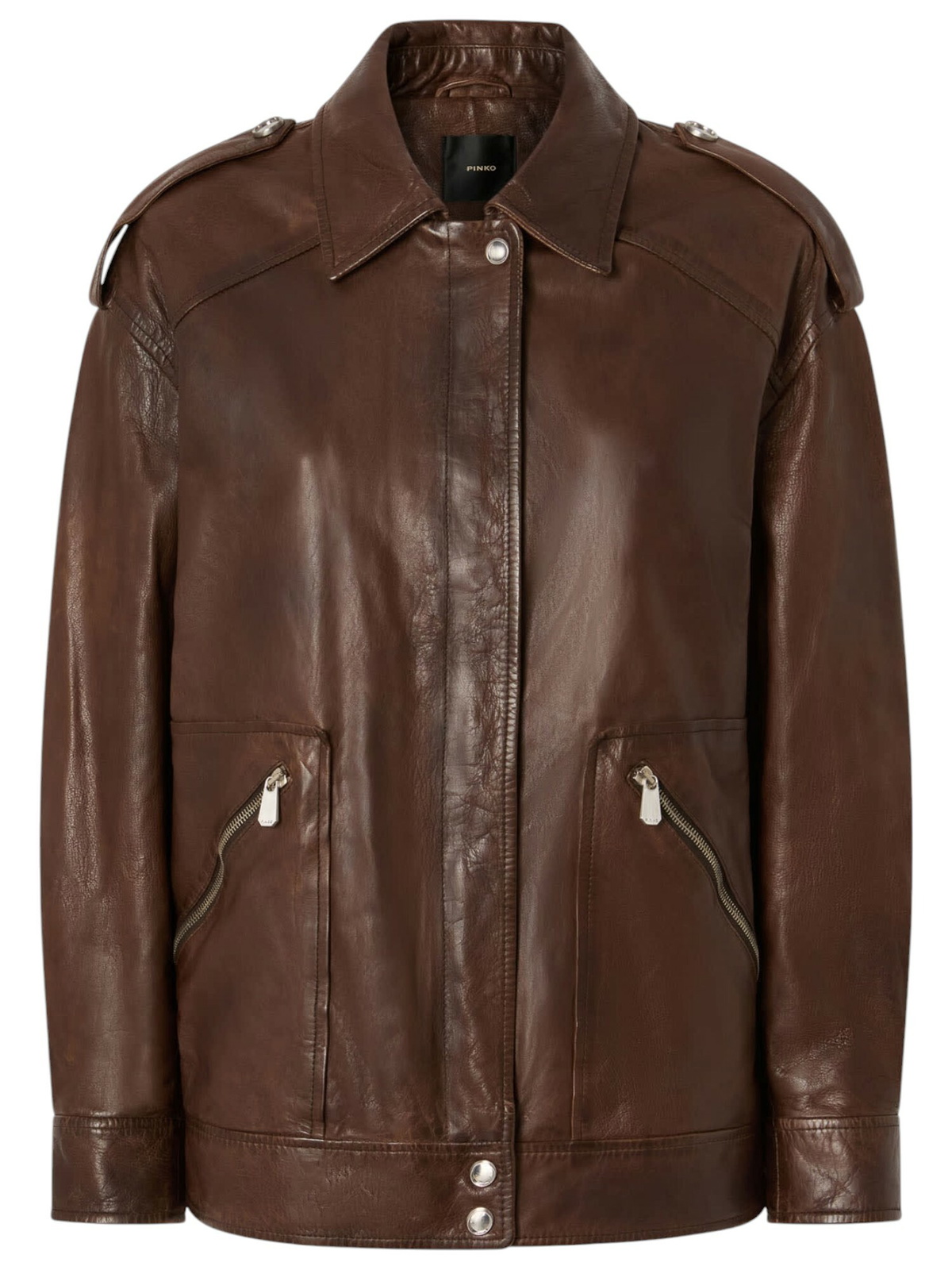 〈PINKO〉Washed leather jacket with collar（関税込み） Pinko - Confine leather biker jacket black - The Corner
